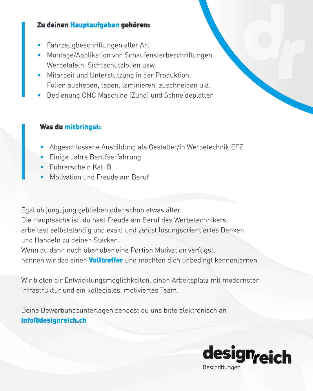 Job als Gestalter Werbetechnik EFZ in Spiez bei Designreich